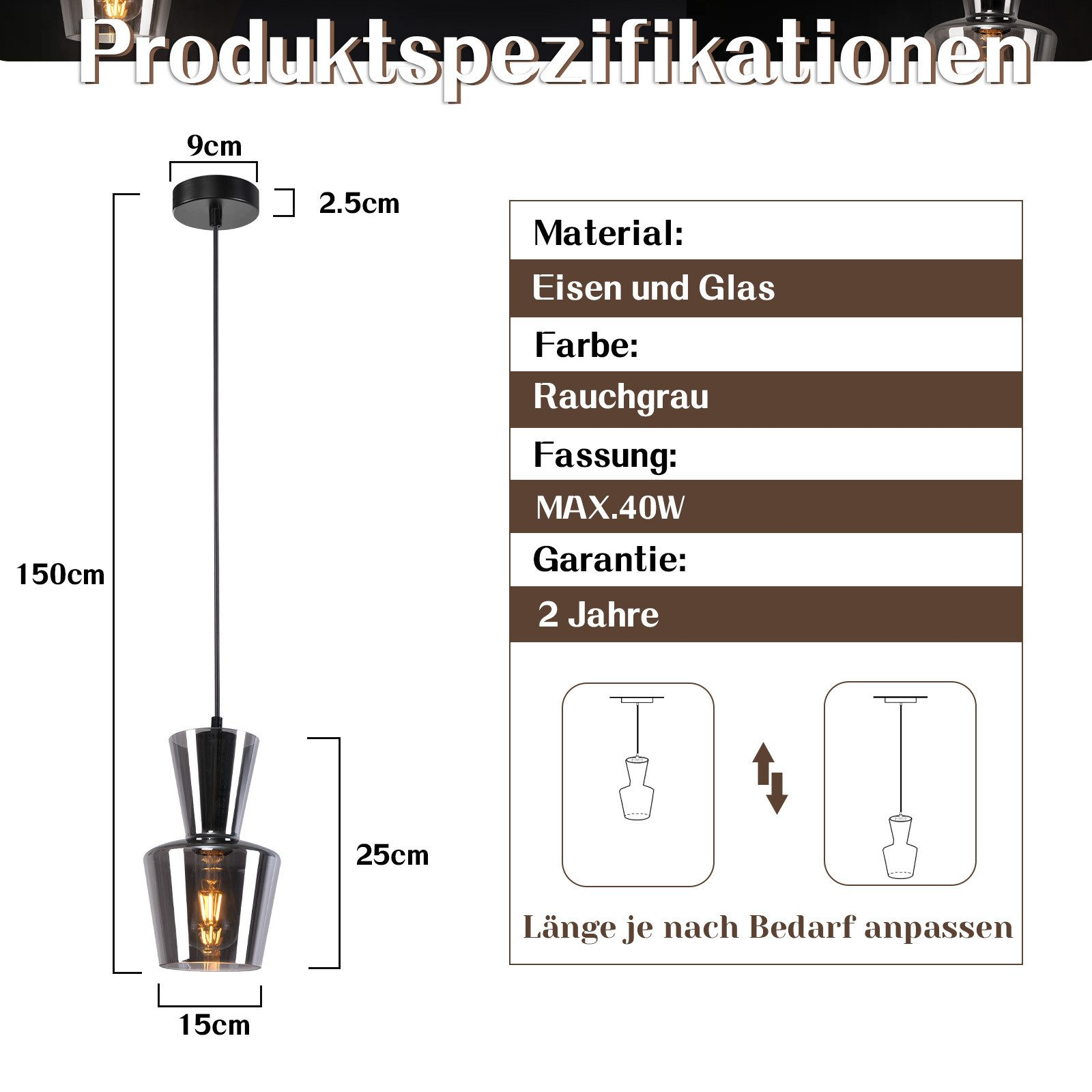 Specyfikacja techniczna lampy. Pokazuje materiał, kolor, oprawę, gwarancję, wymiary lampy.