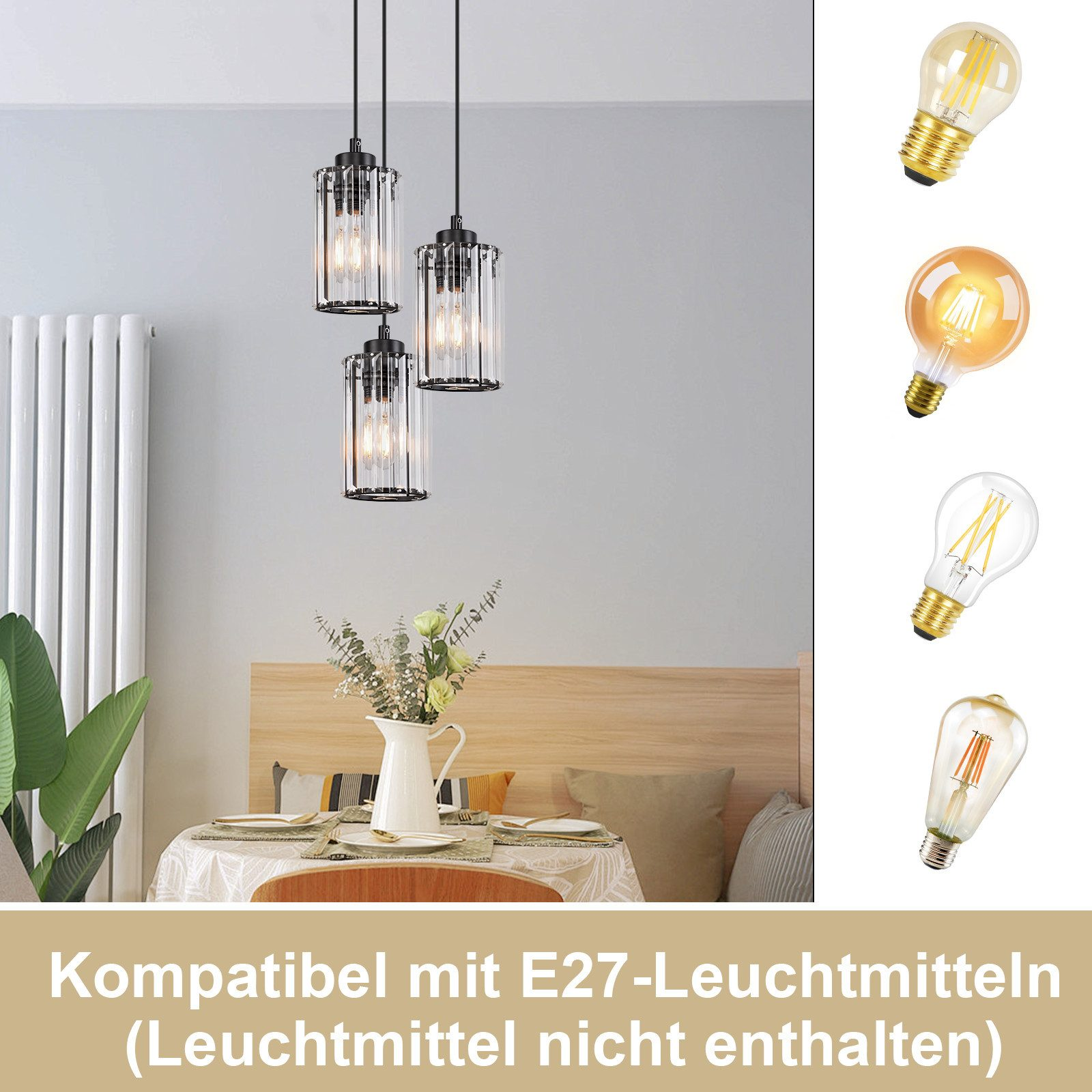 Tre lampade a sospensione sopra un tavolo, con lampadine e un vaso con fiori.