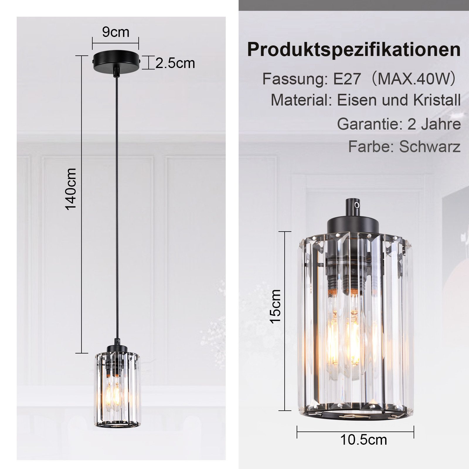 Lampada a sospensione nera con dimensioni e specifiche, incluso attacco E27 e cristallo.