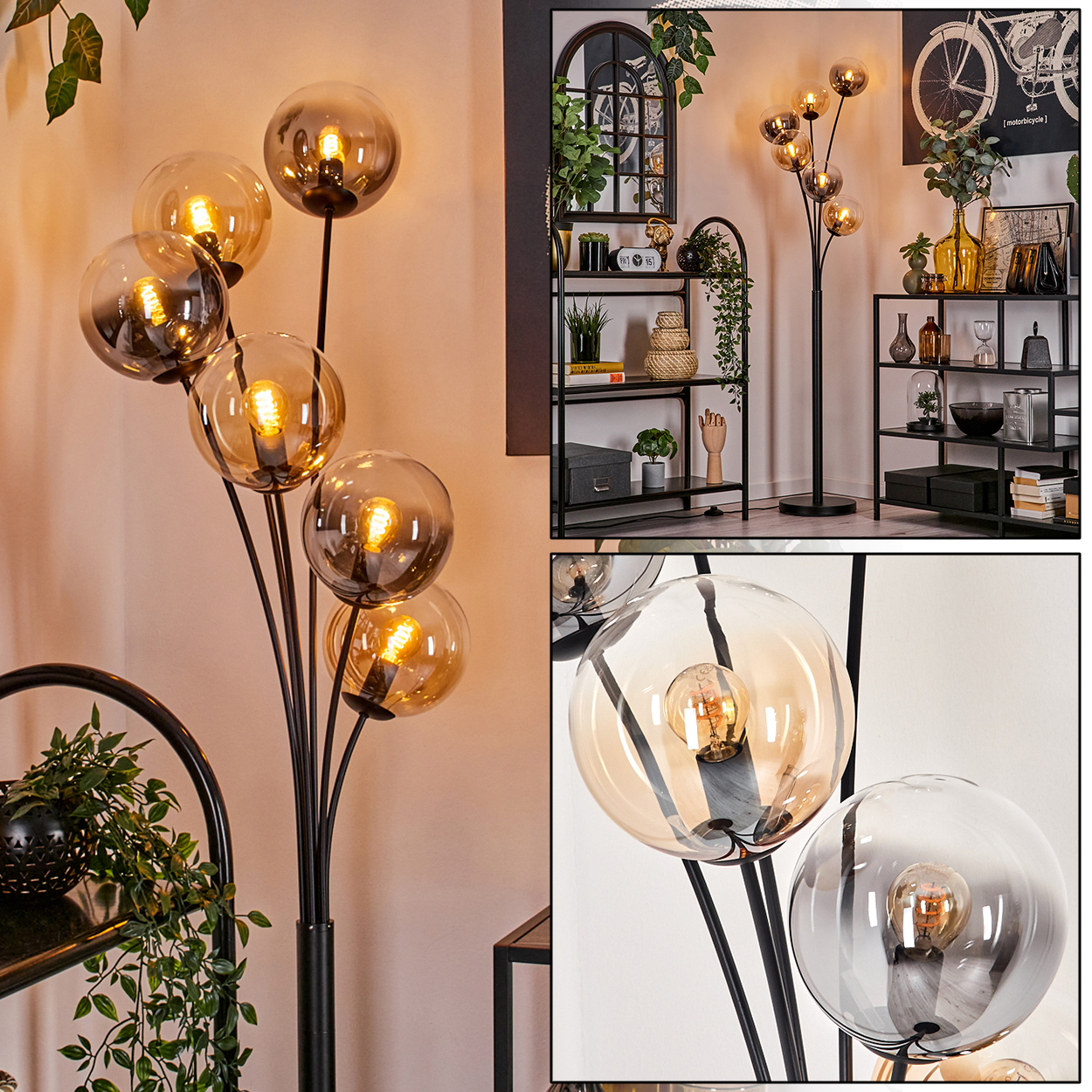 Nahaufnahme einer schwarzen Stehlampe mit sieben Glaskugeln. Einige Kugeln sind bernsteinfarben, andere grau.