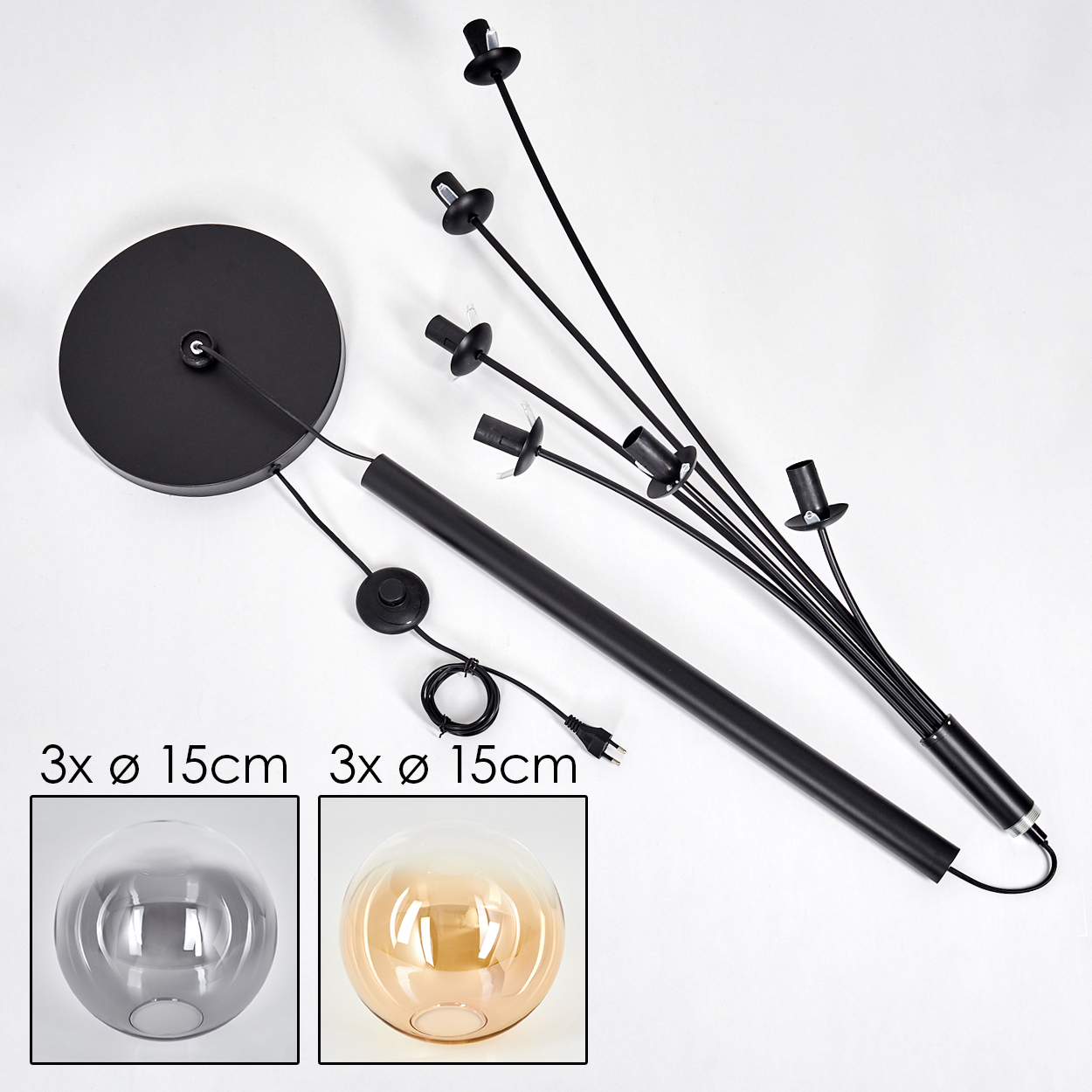Komponenten einer schwarzen Stehlampe. Dazu gehören der Sockel, der Stiel, die Kugeln und ein Ein/Aus-Schalter.