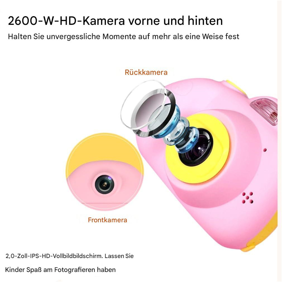 Rosa Kinderkamera, Nahaufnahme der Linse und Text auf Deutsch über die Funktionen der Kamera.