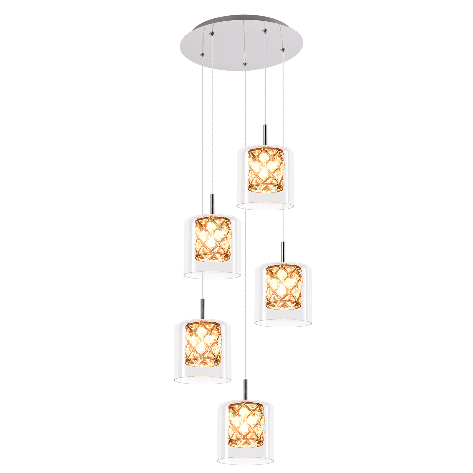 Cinque lampade a sospensione con top argentato, vetro trasparente e luce decorativa.
