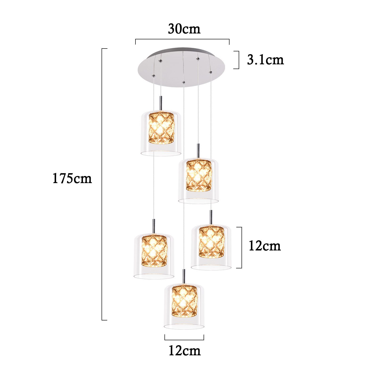 Un lampadario a sospensione con cinque luci. Sono incluse le misure.