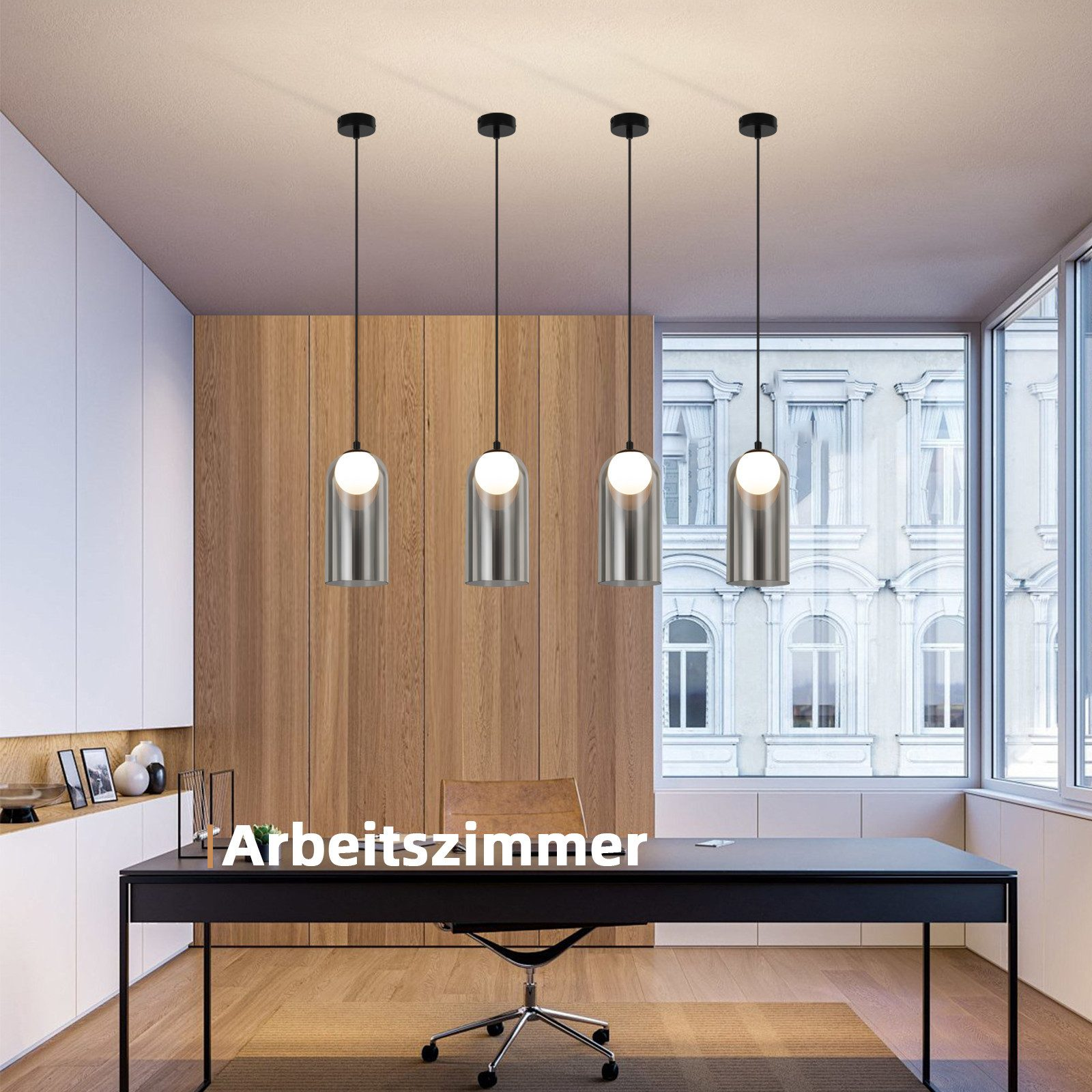Un ambiente di lavoro con quattro lampade a sospensione. Testo: Arbeitszimmer.