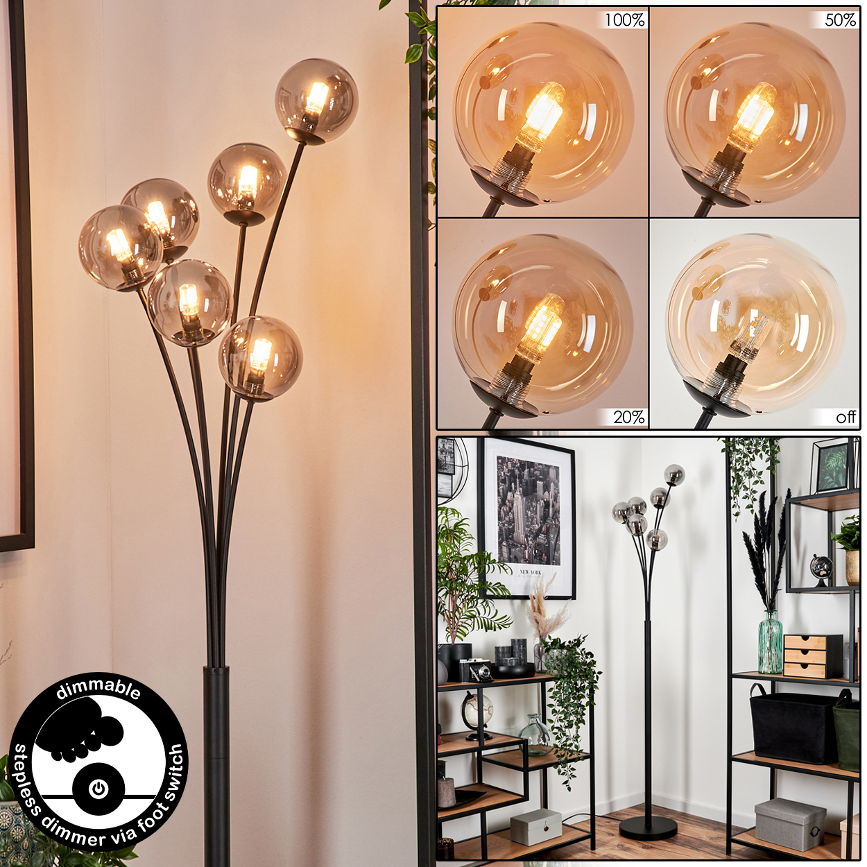 Schwarze Stehlampe mit sechs Glaskugeln. Dimmbar per Fußschalter. Verschiedene Helligkeitsstufen.
