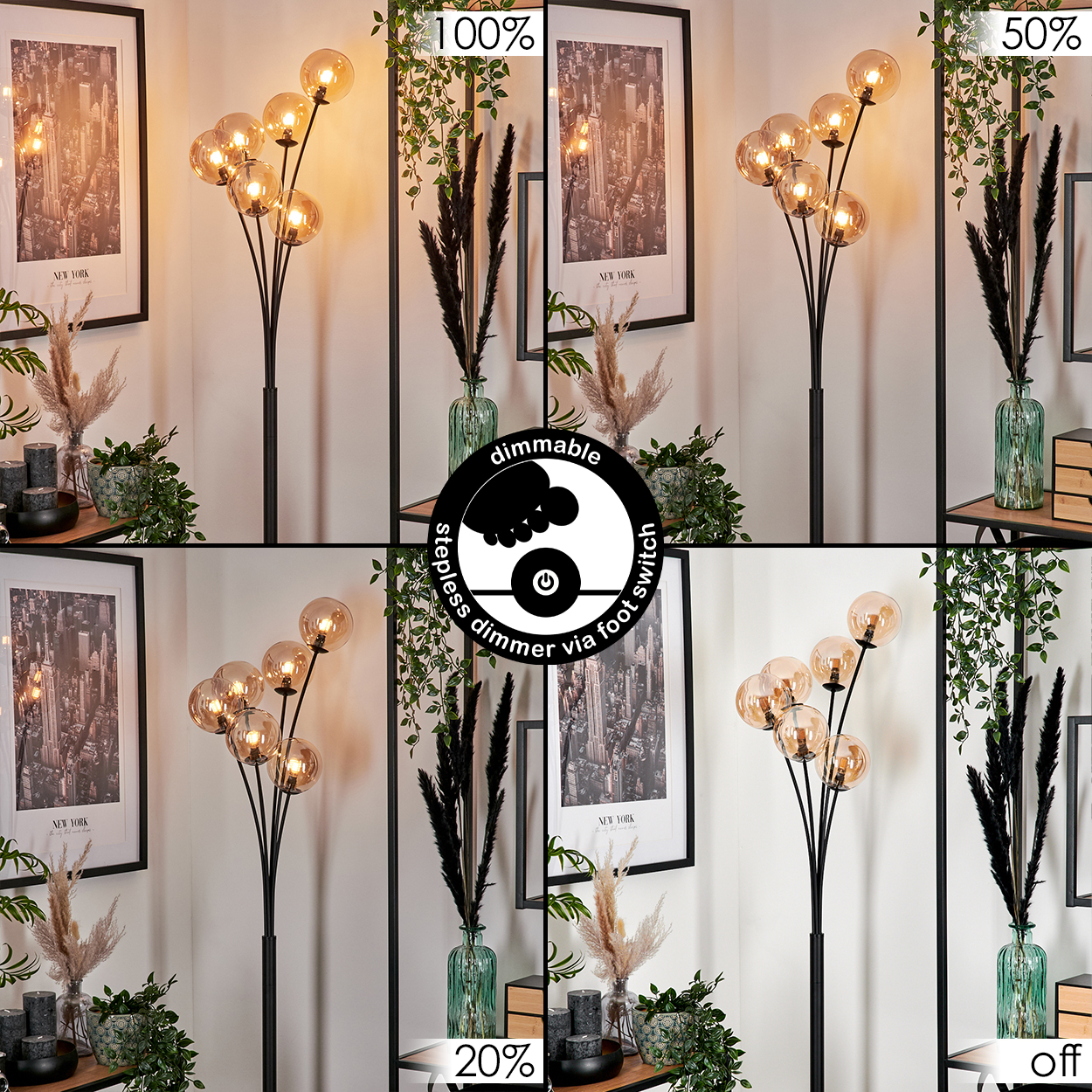 Bilder, die eine Stehlampe mit bernsteinfarbenen Kugeln in verschiedenen Dimmstufen und einen Dimmschalter zeigen.