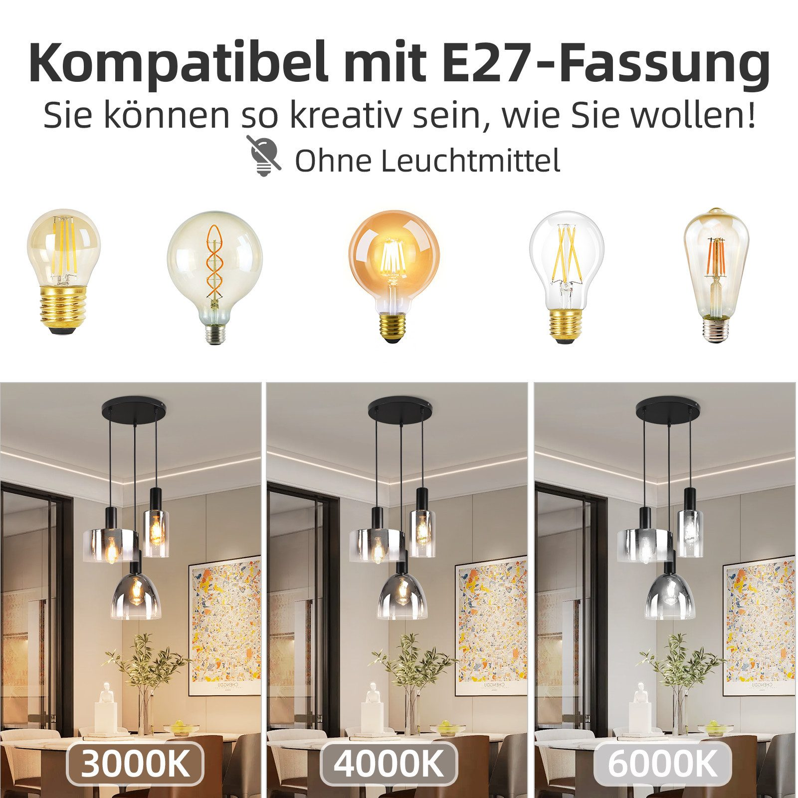 Un'esposizione di varie lampadine e lampade a sospensione. Il testo dice "Compatibile con attacco E27".