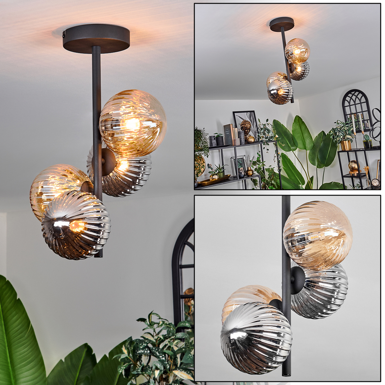 Mehrere Ansichten einer schwarzen Deckenlampe mit drei bernsteinfarbenen und silbernen Glaskugeln. Der Hintergrund ist ein Raum.