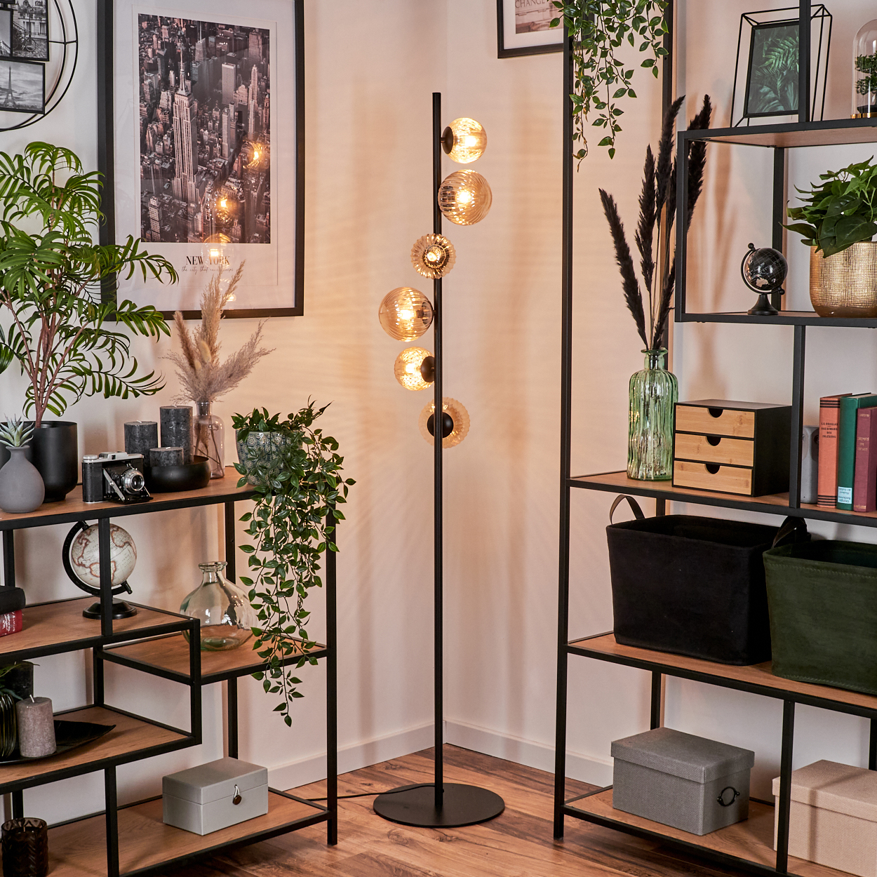 Schwarze Stehlampe mit sechs bernsteinfarbenen Glaskugelleuchten. Hintergrund: Regale, Pflanzen, Bild.