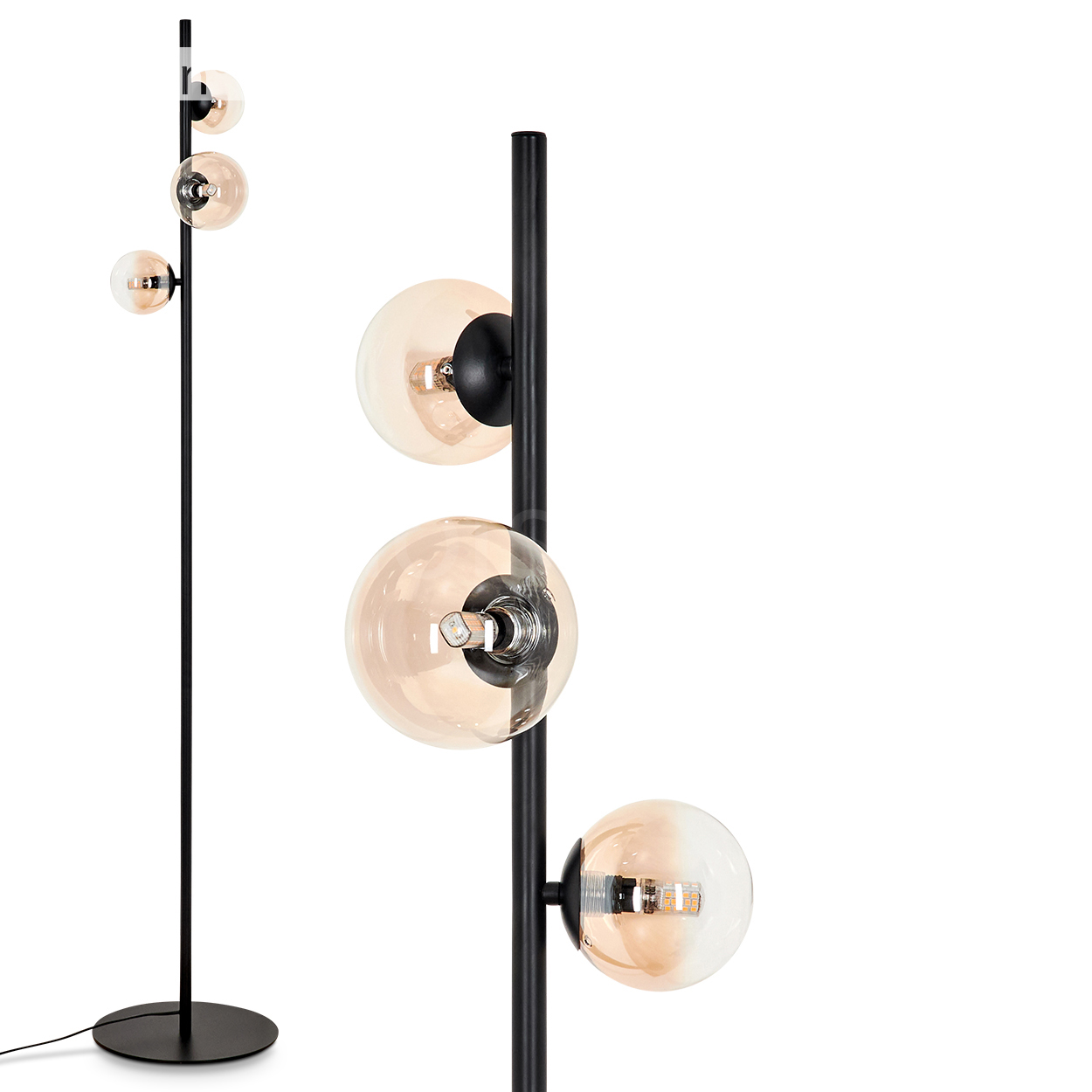 Schwarze Stehlampe mit fünf bernsteinfarbenen Glaskugelleuchten. Weißer Hintergrund.
