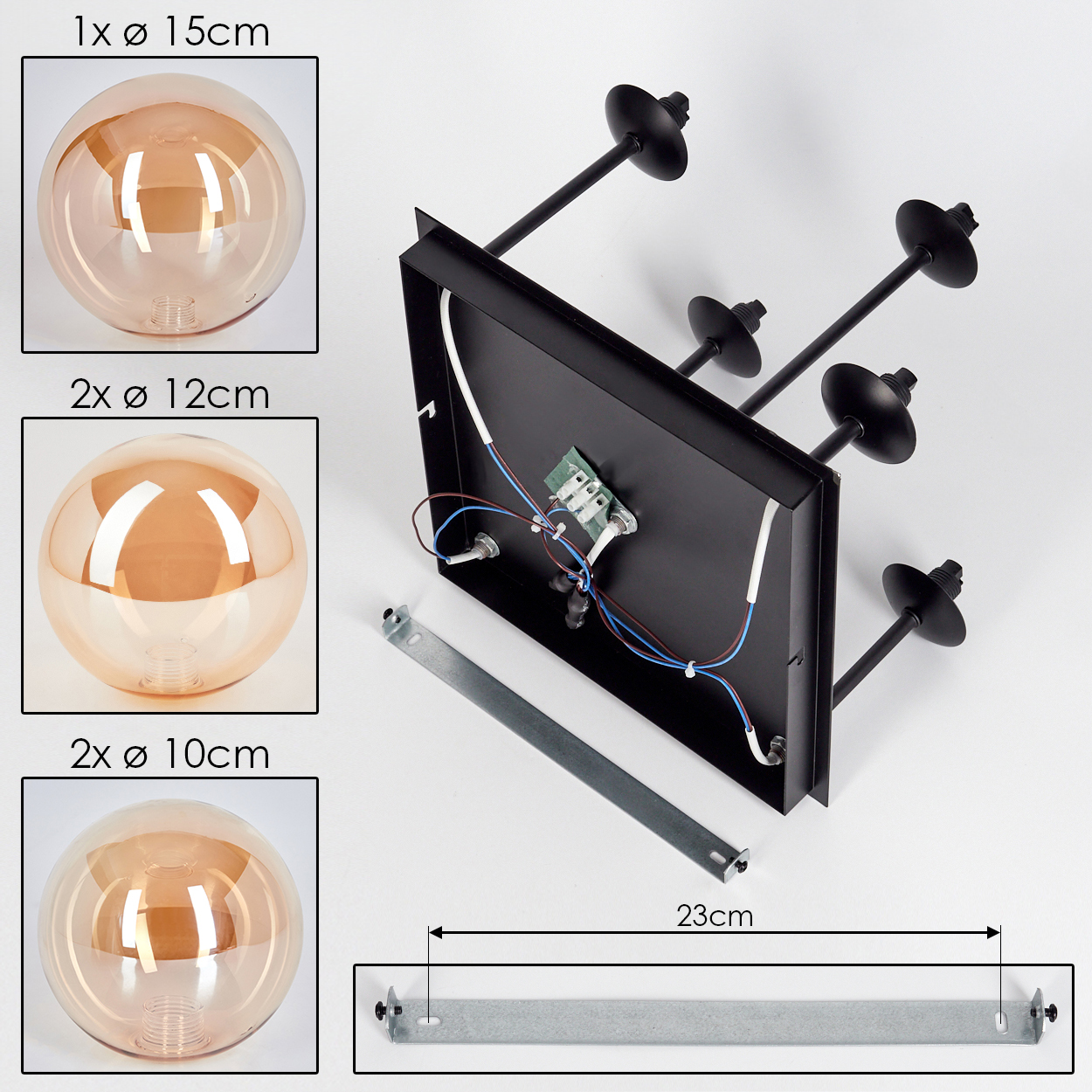 Komponenten einer Deckenleuchte mit bernsteinfarbenen Glaskugeln und schwarzer Hardware, mit Abmessungen.