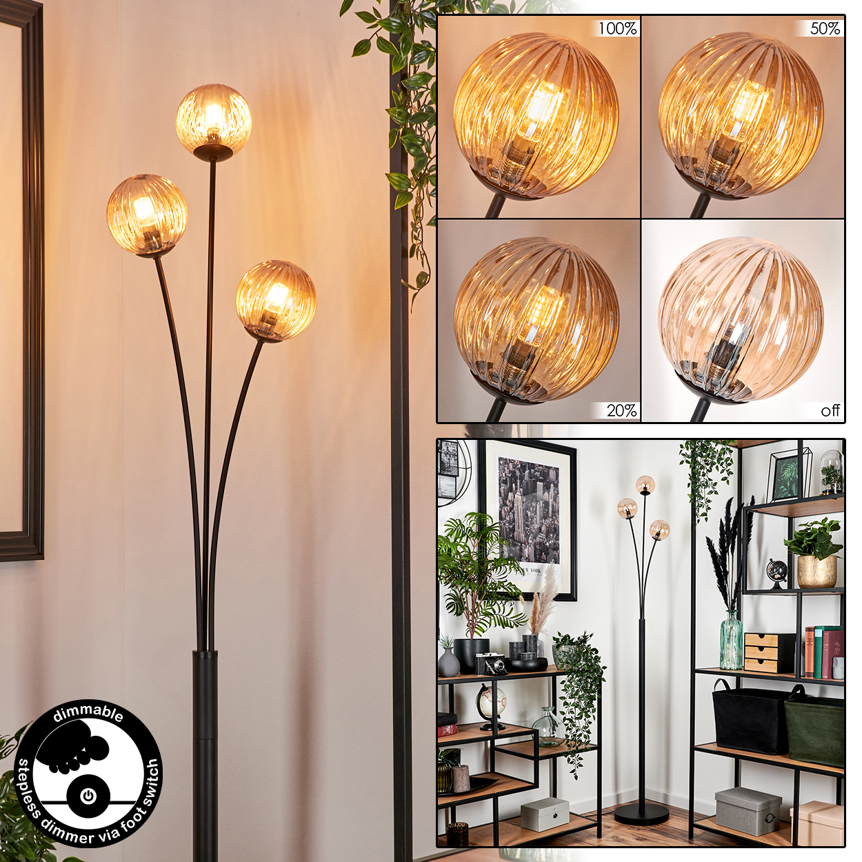 Stehlampe mit drei bernsteinfarbenen Glaskugeln, mit Dimmschalter, in einem Raum.