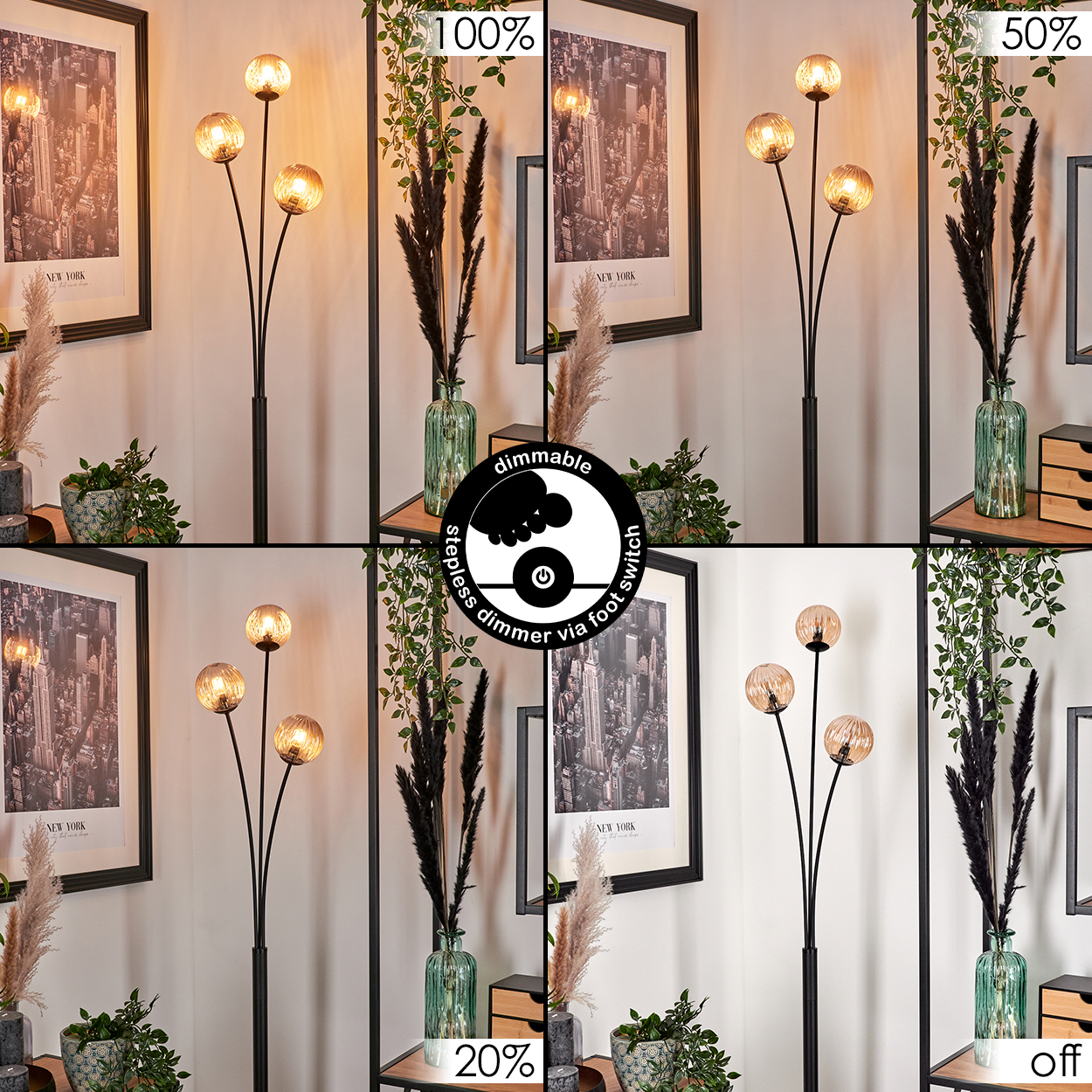 Mehrere Ansichten einer Stehlampe mit drei Kugelschirmen, unterschiedlichen Lichtstärken und Dimmschalter.