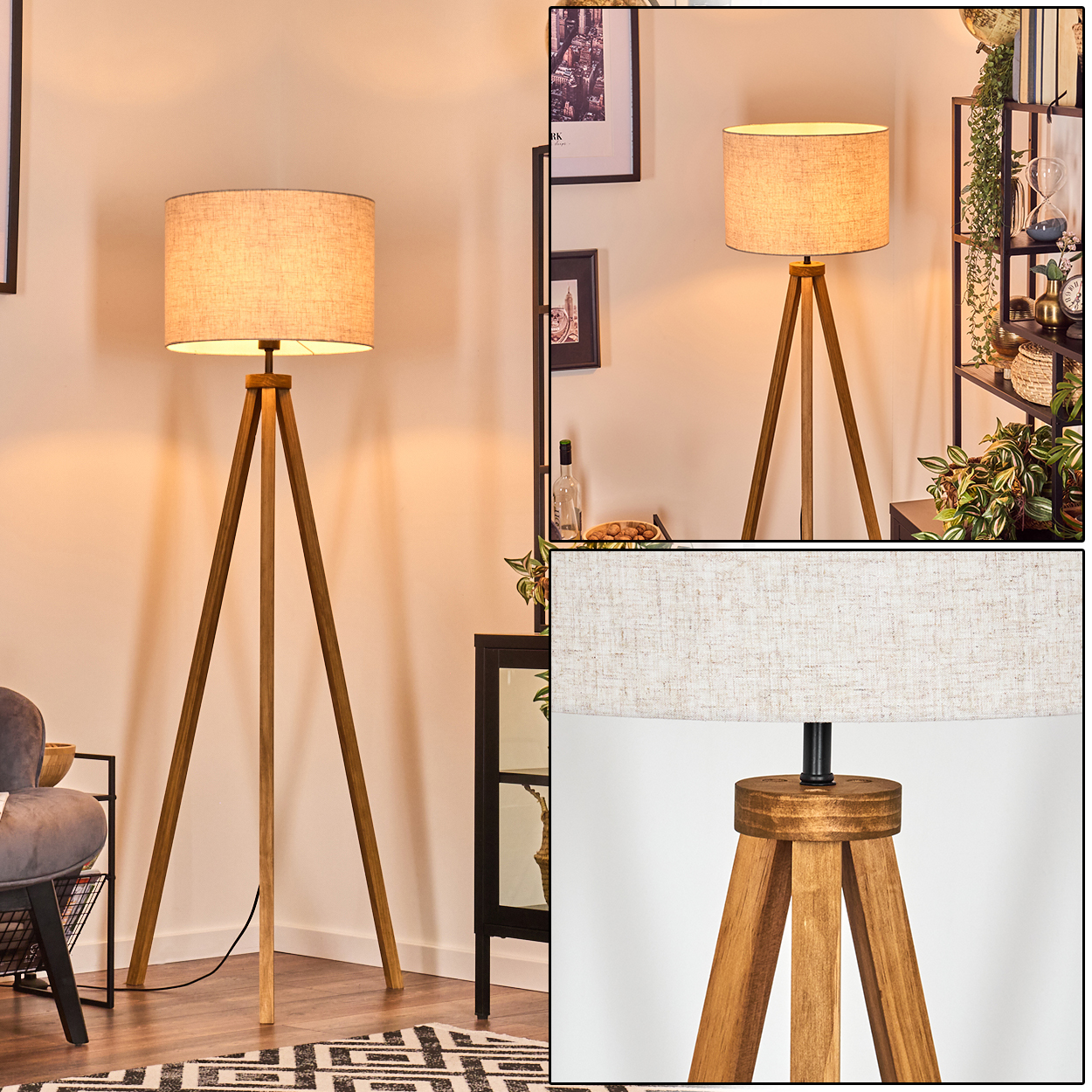 Eine Stehlampe mit hölzernem Dreibein, zylindrischem Lampenschirm und detaillierter Nahaufnahme.