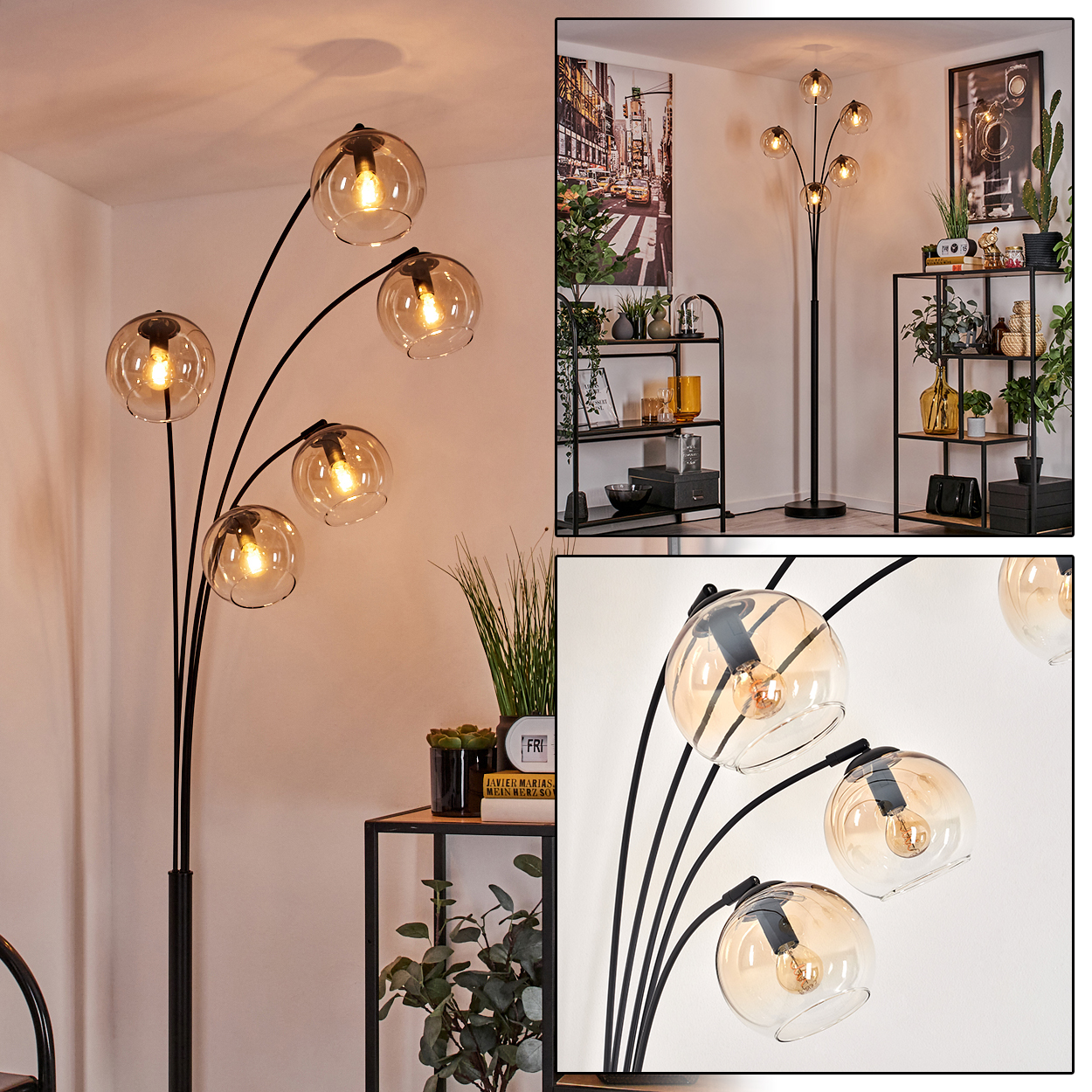 Schwarze Stehlampe mit fünf kugelförmigen, bernsteinfarbenen Glasschirmen in einem Raum.
