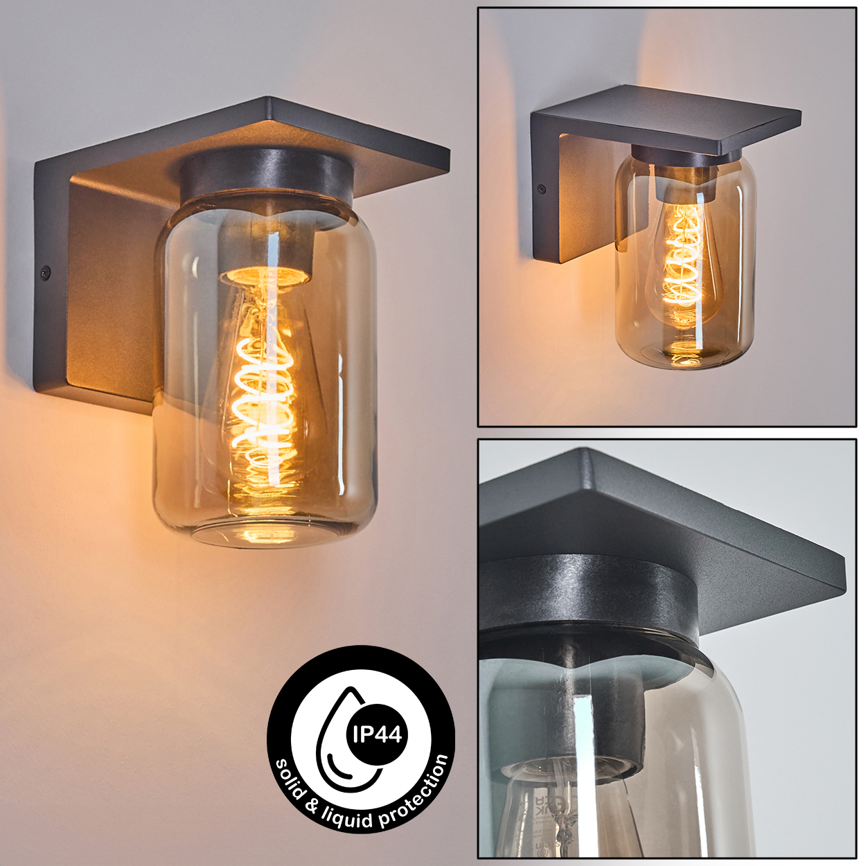 Schwarzes Wandlicht mit Glas-Gläser-Schirm, beleuchtet, mit IP44-Schutz, fest und flüssig.