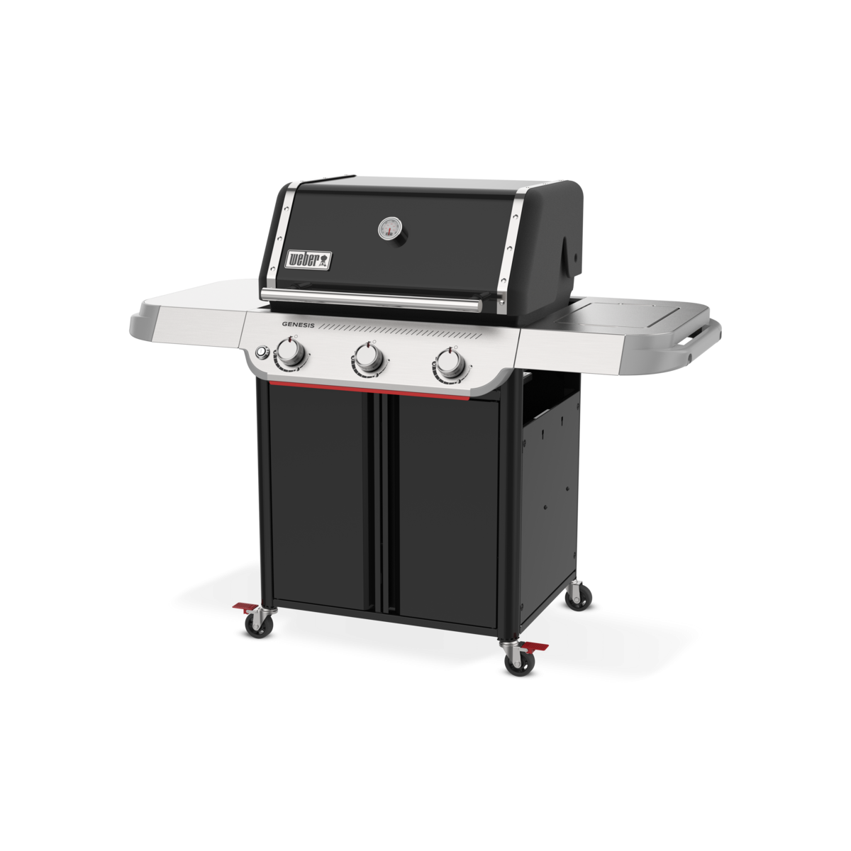 Una parrilla Weber Genesis negra con tres perillas, termómetro y estantes laterales, sobre ruedas.