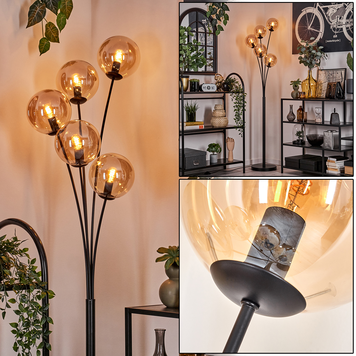 Stehlampe mit bernsteinfarbenen Glaskugeln, Detailansicht. Pflanzen, Möbel und andere Lampen.