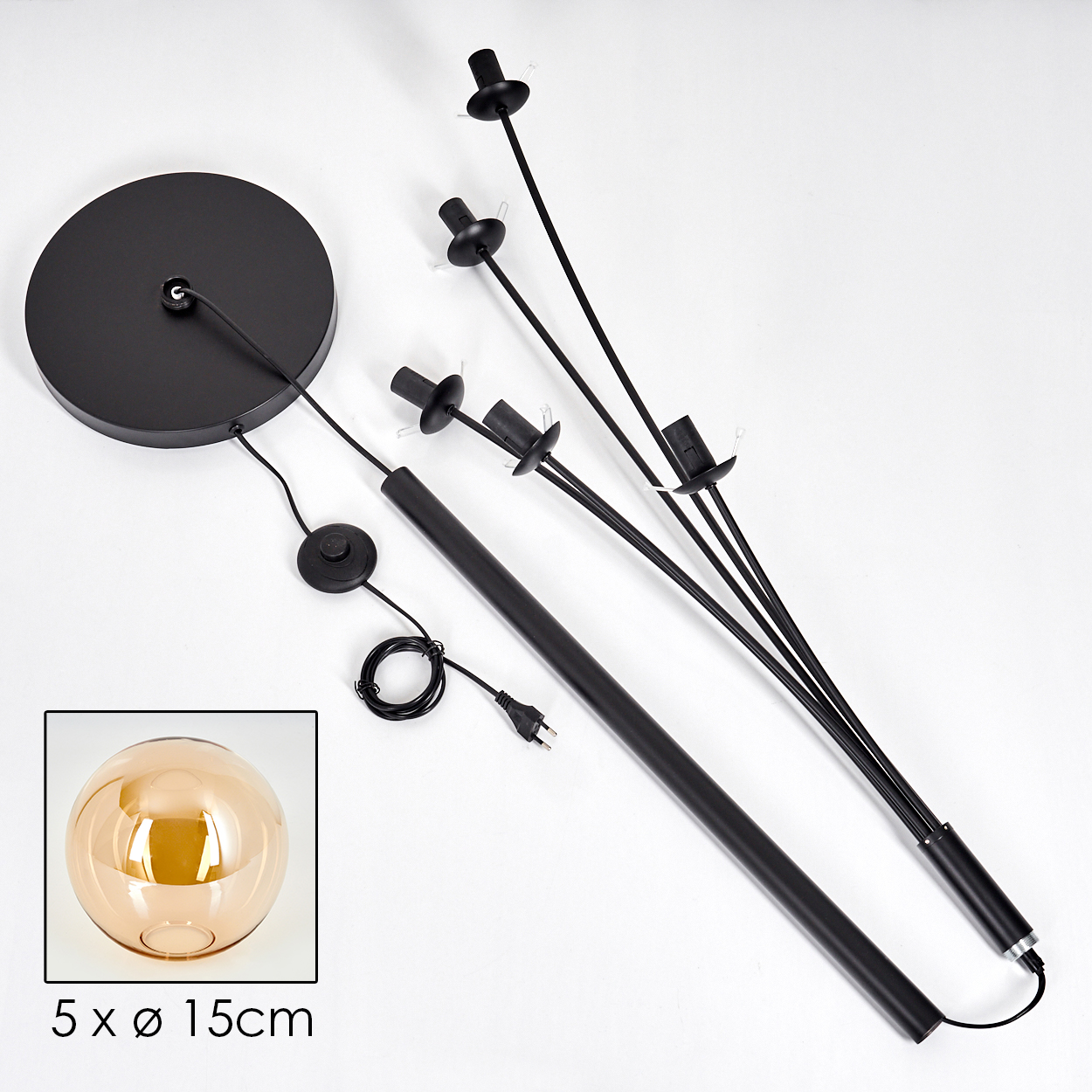 Zerlegte schwarze Stehlampe mit bernsteinfarbenen Glaskugeln und rundem Fuß.