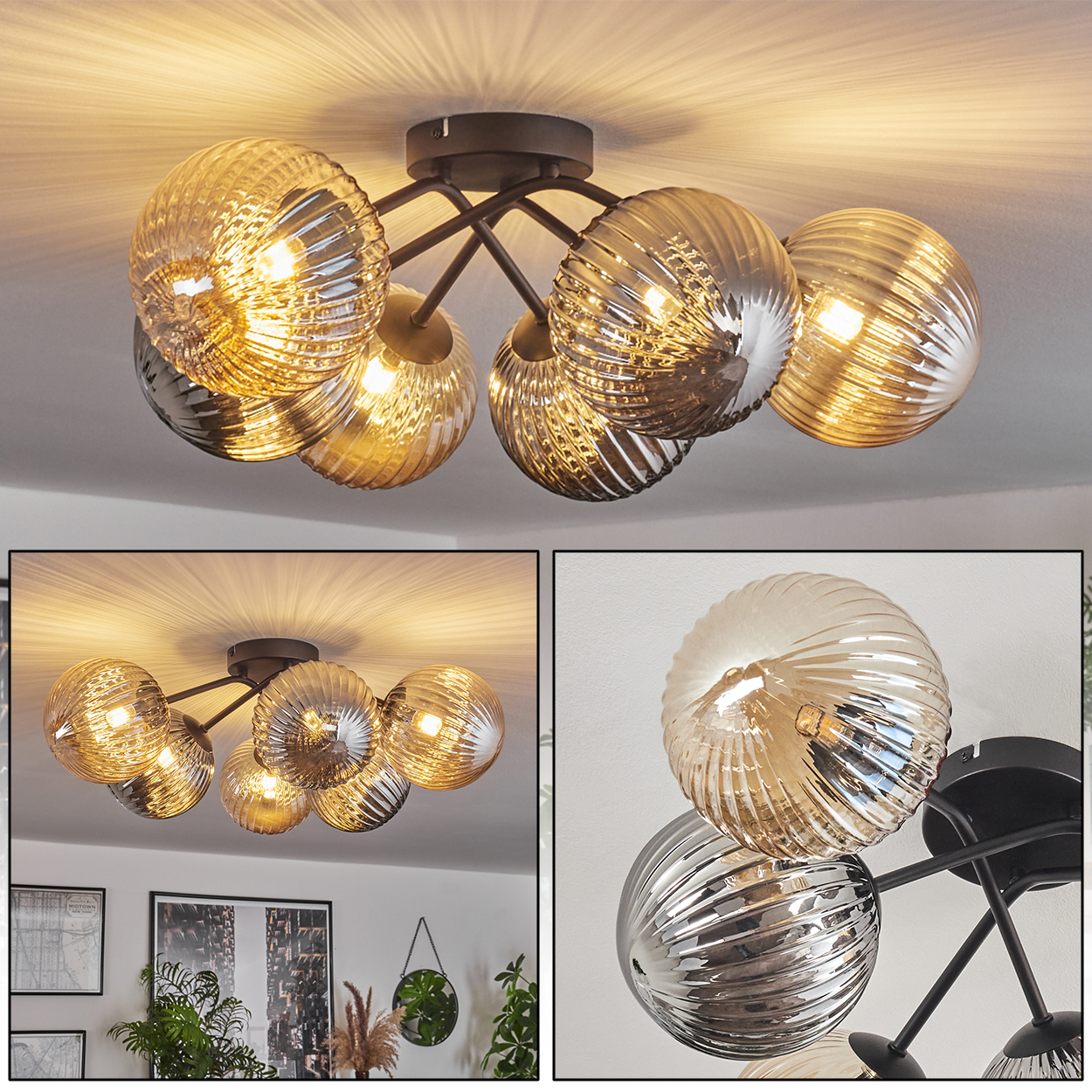 Mehrere Ansichten einer Deckenleuchte mit goldenen und silbernen Kugelleuchten. Deko und Pflanzen im Hintergrund.