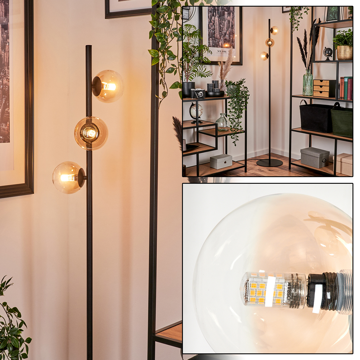Stehlampe mit drei Glaskugeln und Nahaufnahme der Glühbirne in einer Raumeinstellung.
