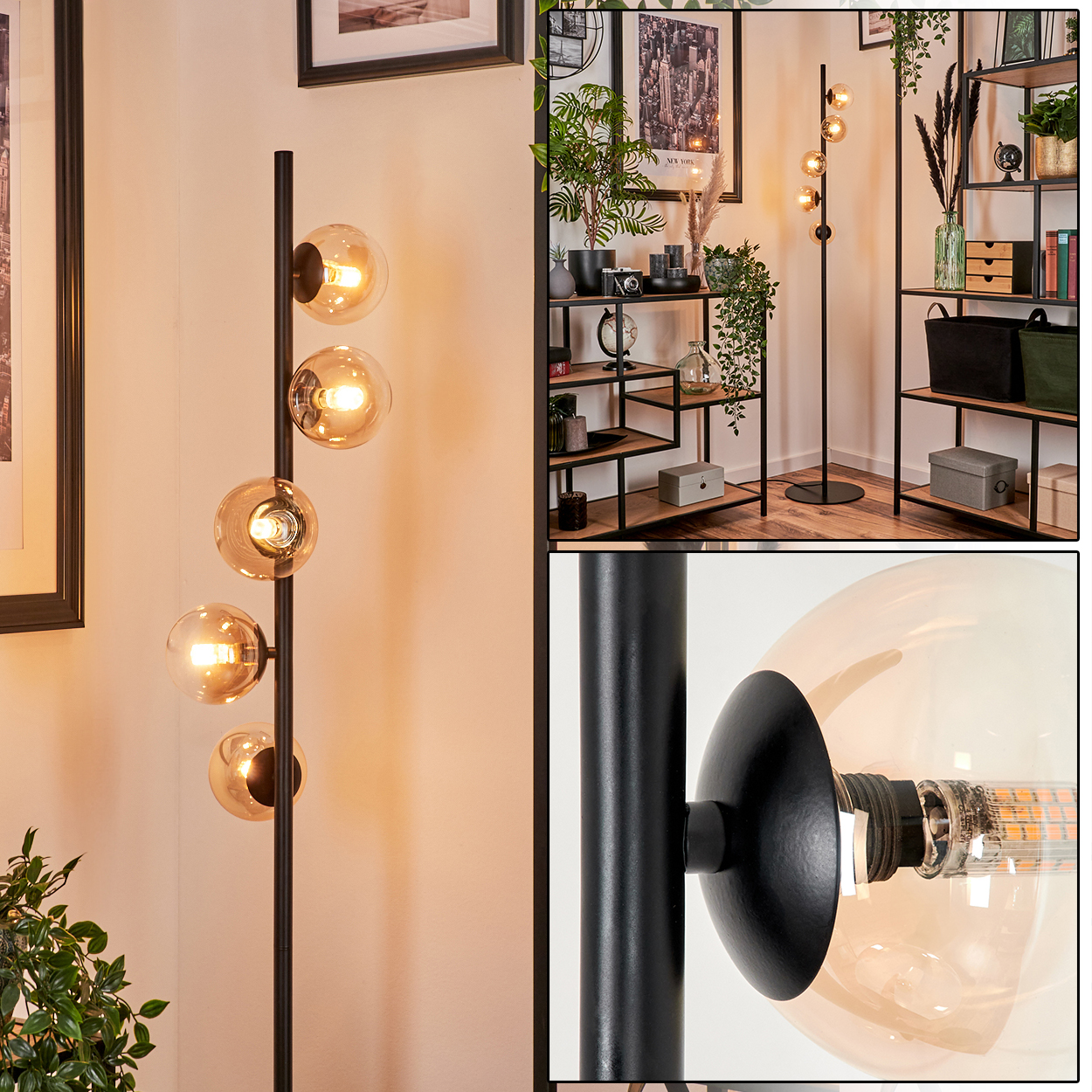 Hohe schwarze Lampe mit bernsteinfarbenen und klaren Glaskugeln. Dekoration und Pflanzen im Hintergrund.