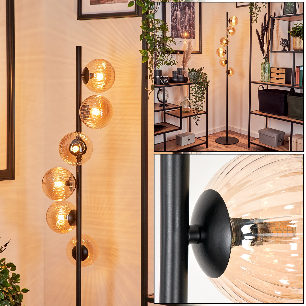 Stehlampe, schwarzer Rahmen, bernsteinfarbene Glaskugeln. Hintergrund: Regale, Pflanzen und Wanddeko.