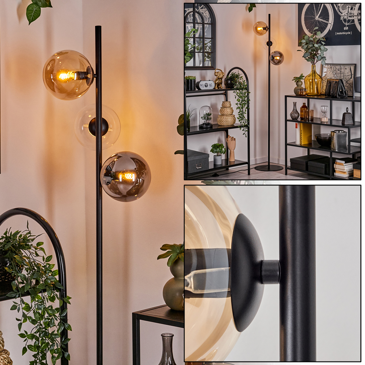 Innenraum mit einer Stehlampe mit bernsteinfarbenen und klaren Kugeln und anderer Dekoration.