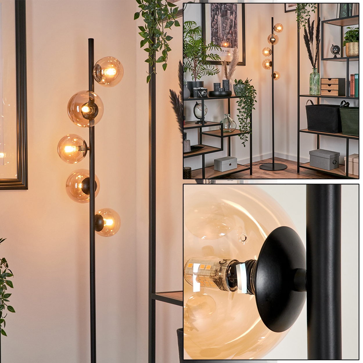 Stehlampe mit 5 Glaskugeln, bernsteinfarbenem Licht. Schwarzer Pfosten, Dekoration mit Regalen und Pflanzen.