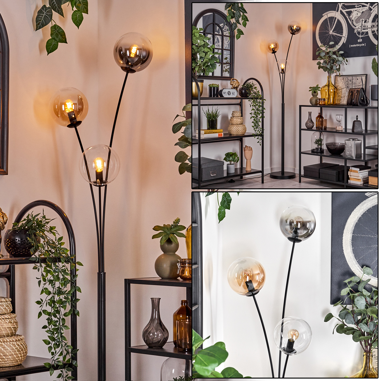 Stehlampe mit drei Glühbirnen. Zimmer mit Regalen, Deko und Bildern. Einige Glühbirnen sind bernsteinfarben.