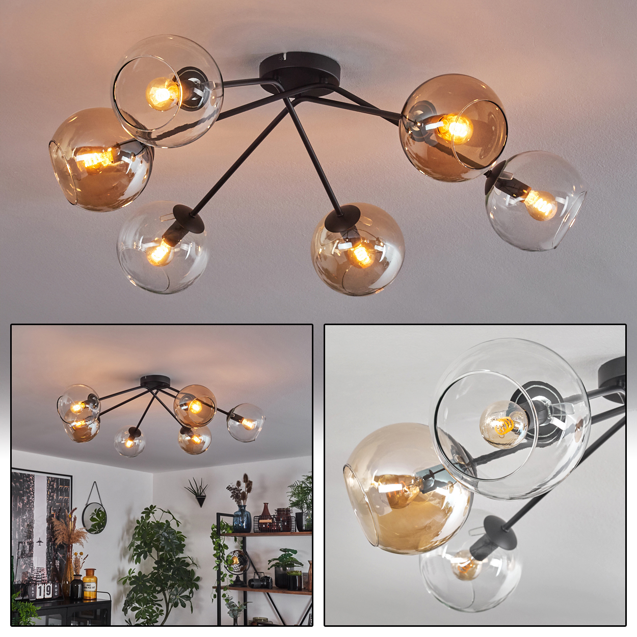 Deckenlampe mit sechs bernsteinfarbenen und klaren Glaskugeln. Hintergrund: weiße Decke.