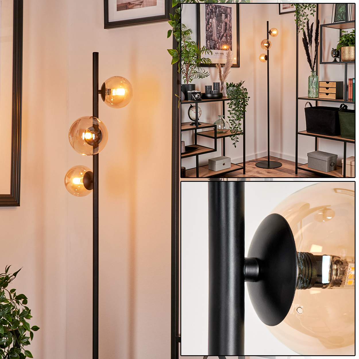 Schwarze Stehlampe mit drei bernsteinfarbenen Glaskugeln. Hintergrund: Wand, Regale, Pflanzen.