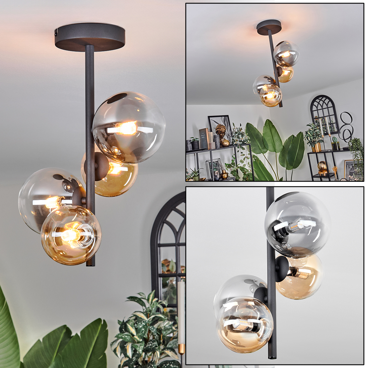 Eine Lampe mit drei Glaskugeln, bernsteinfarben und klar, vor einem Wohnraumhintergrund.