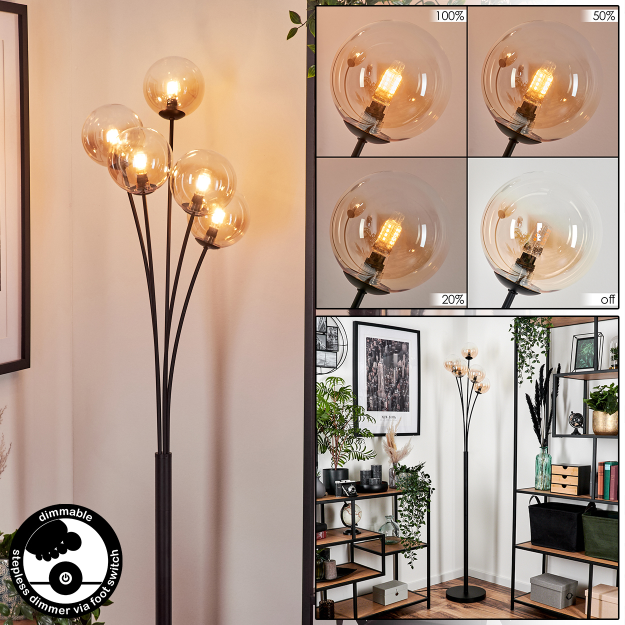 Schwarze Stehlampe mit sechs bernsteinfarbenen Kugeln. Dimmbar mit Fußschalter. Hintergrund: Regale, Kunst.