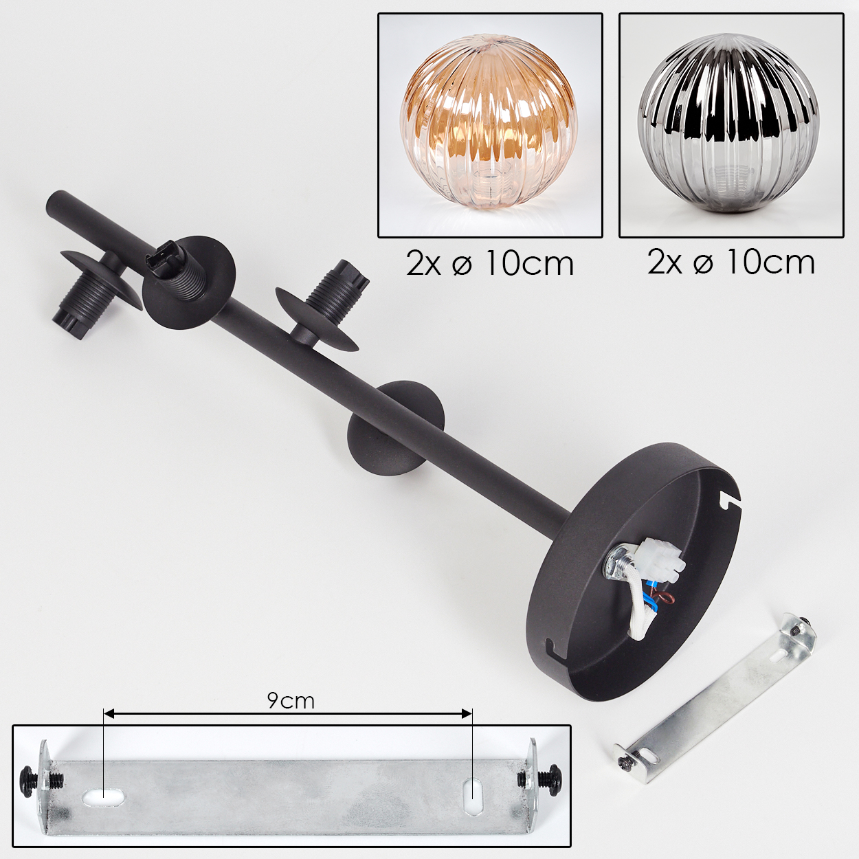Komponenten für eine Deckenlampe: ein schwarzer Arm, gerippte Kugeln und eine Montagebasis.