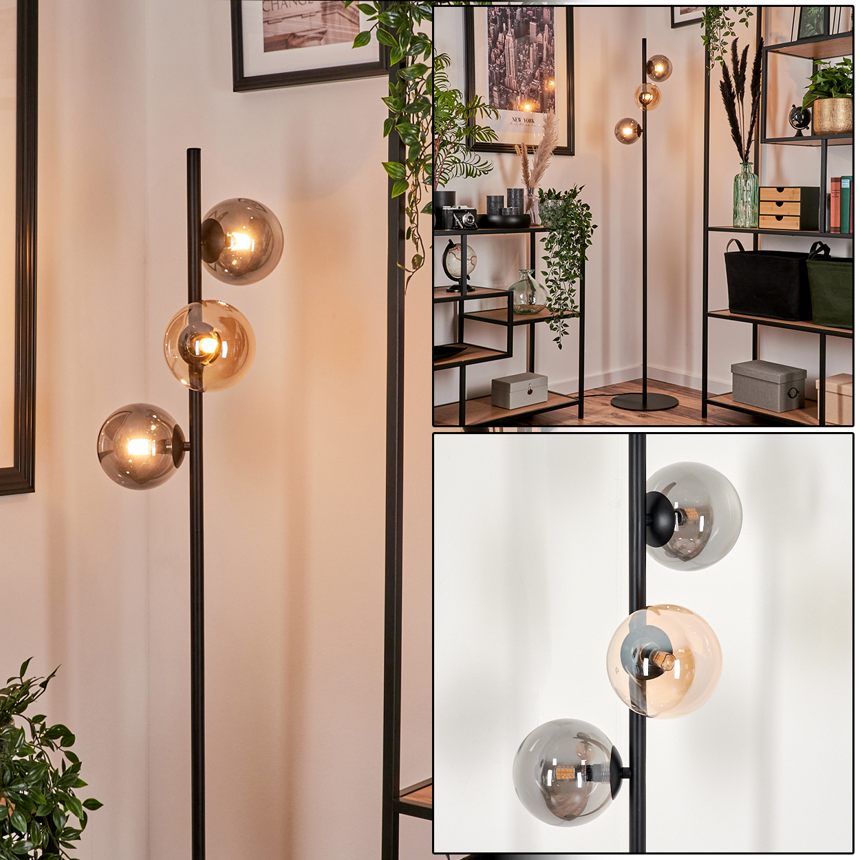Eine schwarze Stehlampe mit drei Glaskugelschirmen. Der Raum hat Regale und Dekor.