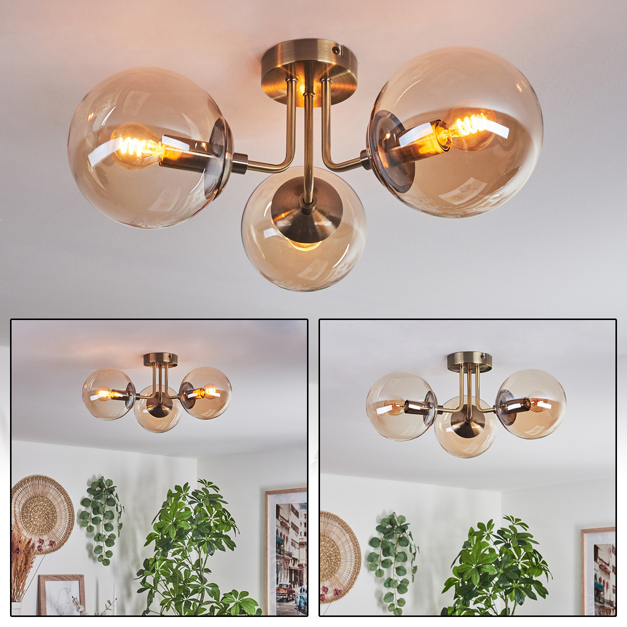 Deckenlampe mit drei bernsteinfarbenen Glaskugeln, in zwei verschiedenen Winkeln gezeigt. Weißer Hintergrund.