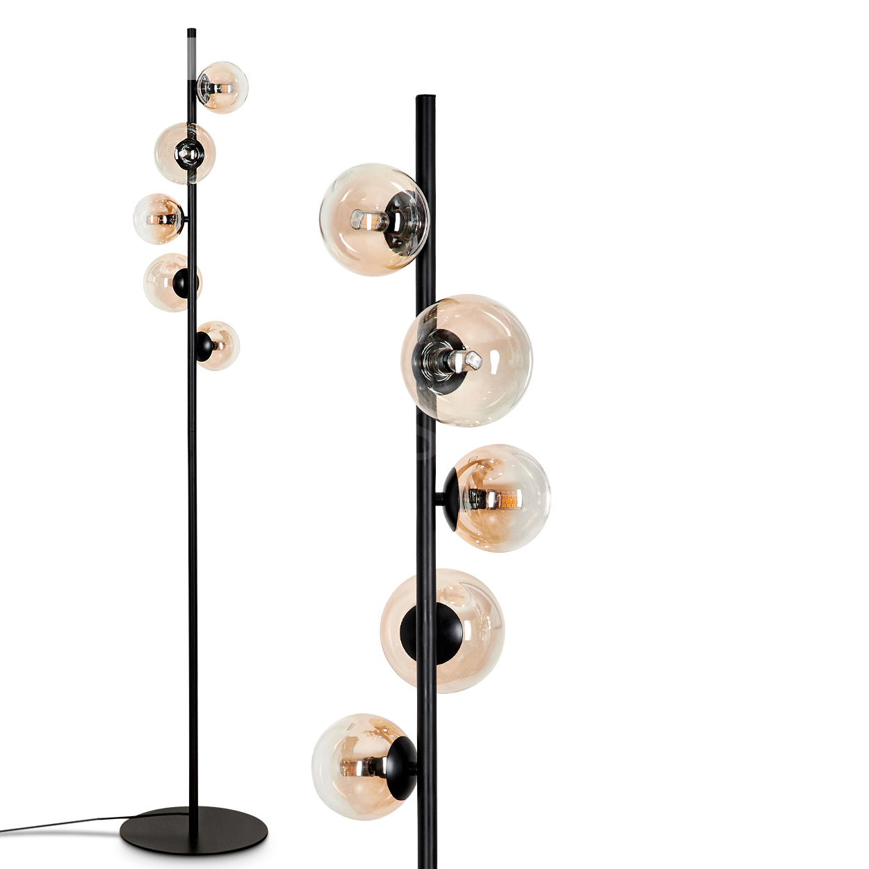 Schwarze Stehlampe mit 7 bernsteinfarbenen Kugeln. Es werden zwei Lampen gezeigt. Eine mit allen Kugeln beleuchtet, eine mit einigen.
