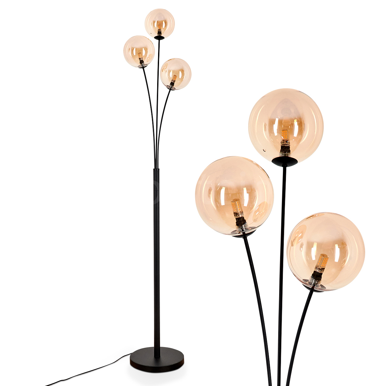Schwarze Stehlampe mit 5 bernsteinfarbenen Glaskugeln. Lampe hat einen schwarzen Sockel, Draht und einen weißen Hintergrund.