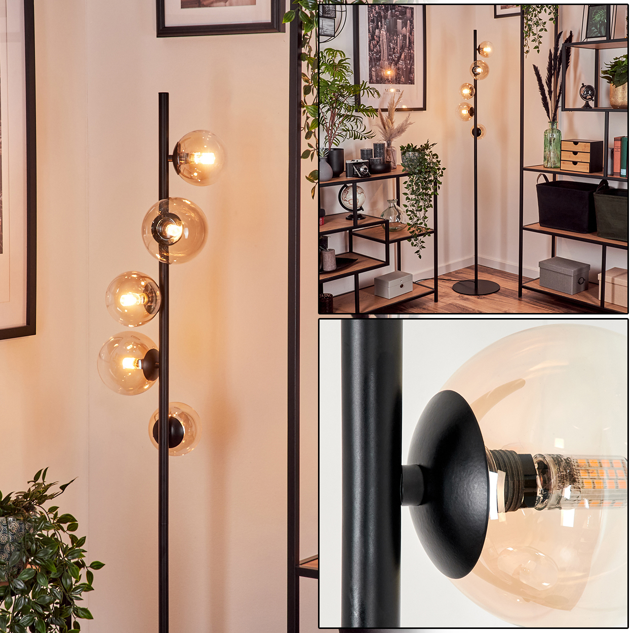 Interieur mit einer Stehlampe mit bernsteinfarbenen Kugeln. Enthält Pflanzen, Regale und ein New York-Poster.