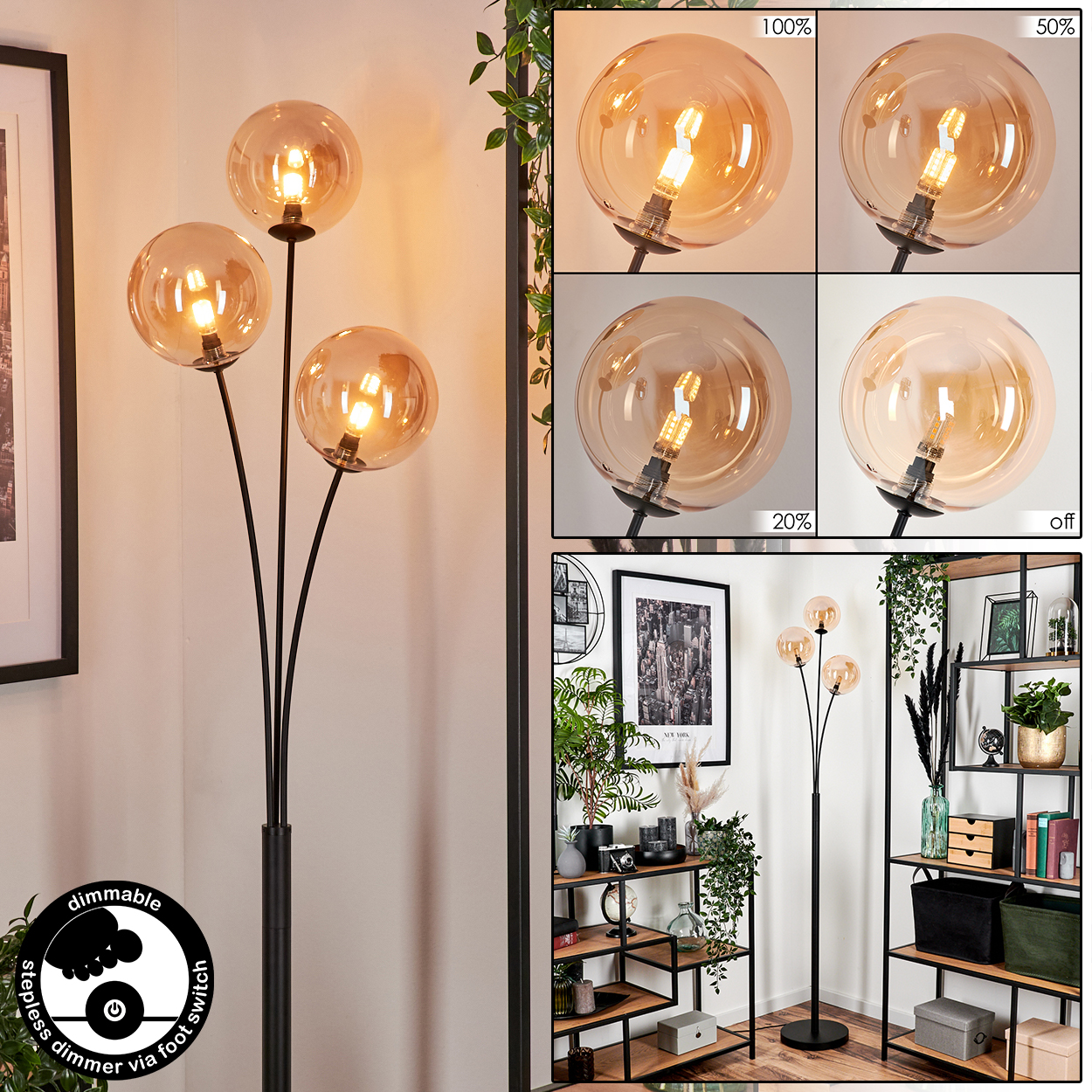 Schwarze Stehlampe mit 4 bernsteinfarbenen Kugeln. Die Lampe hat einen Dimmschalter und zeigt verschiedene Lichtstärken.