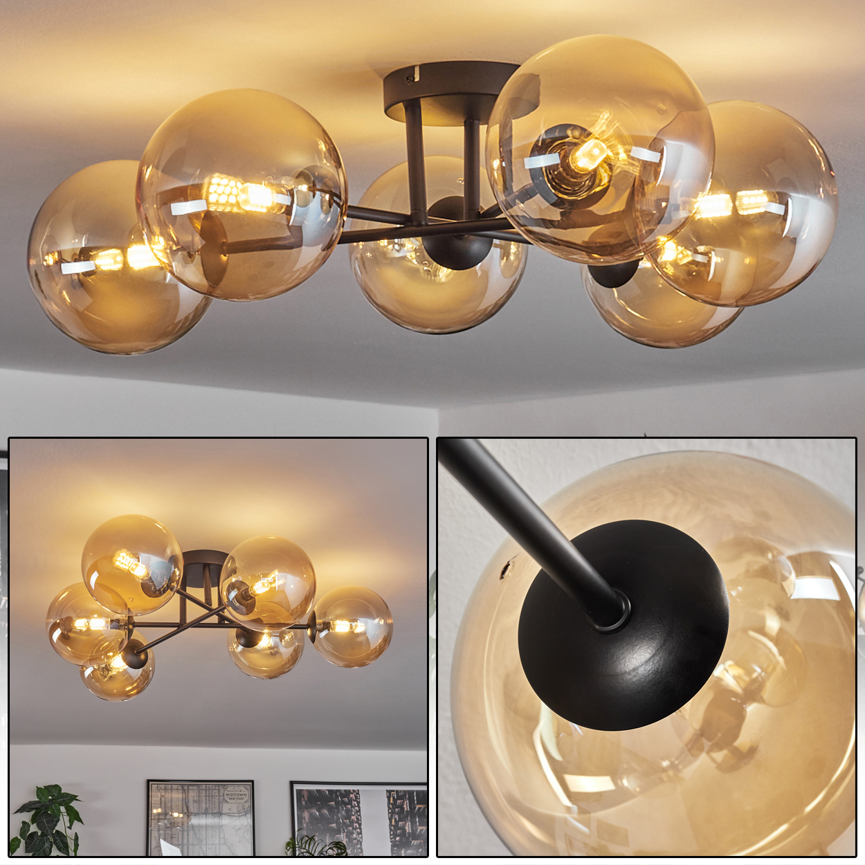 Deckenlampe mit sechs bernsteinfarbenen Glaskugeln an schwarzen Armen. Mit zwei zusätzlichen Nahaufnahmen.
