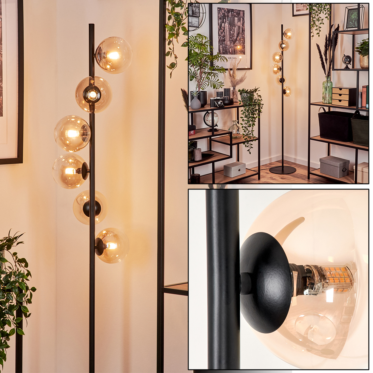 Eine Stehlampe mit bernsteinfarbenen Glaskugeln, schwarzem Rahmen und Ablage. Pflanzen und Deko im Hintergrund.