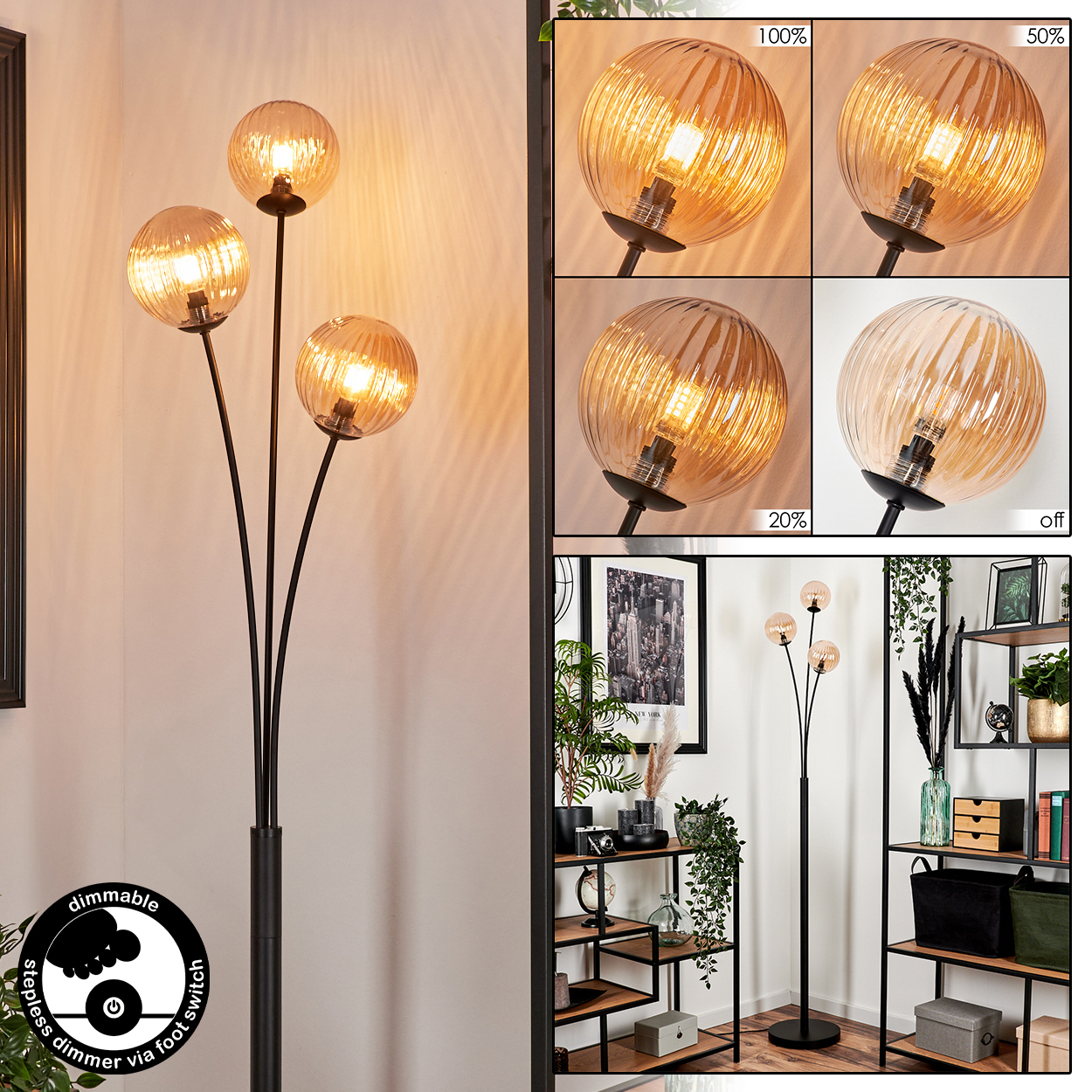 Stehlampe mit bernsteinfarbenen Kugelleuchten, mehrere Ansichten mit Dimmoptionen und Raum.