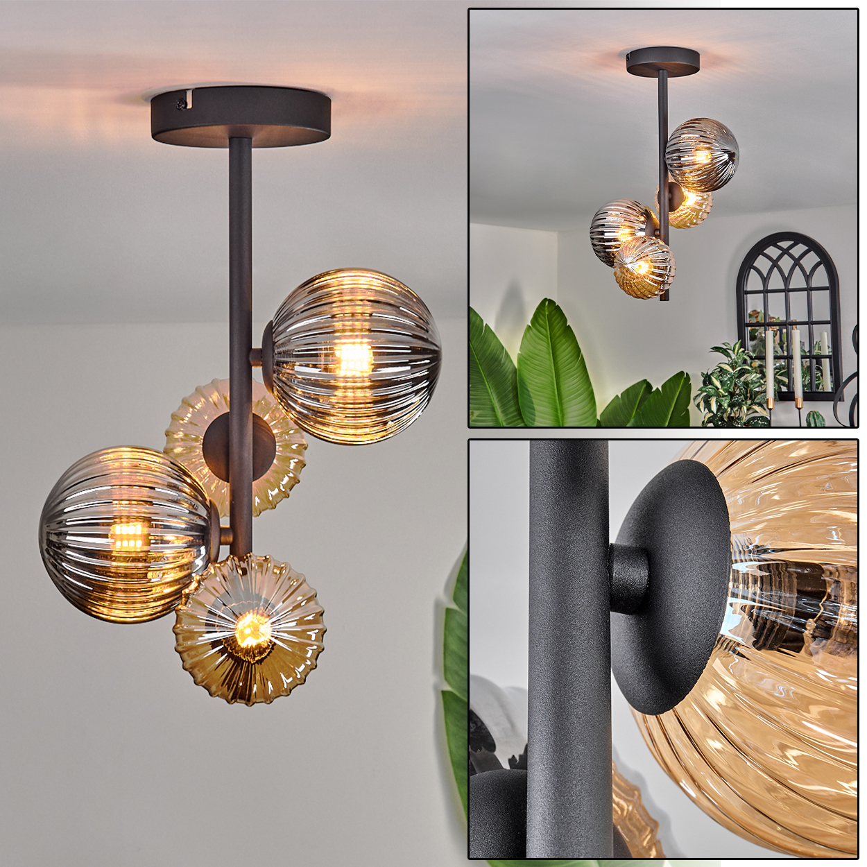 Eine Deckenlampe mit drei Glasschirmen in Bernstein und strukturiertem Glas. Sie hängt von der Decke.