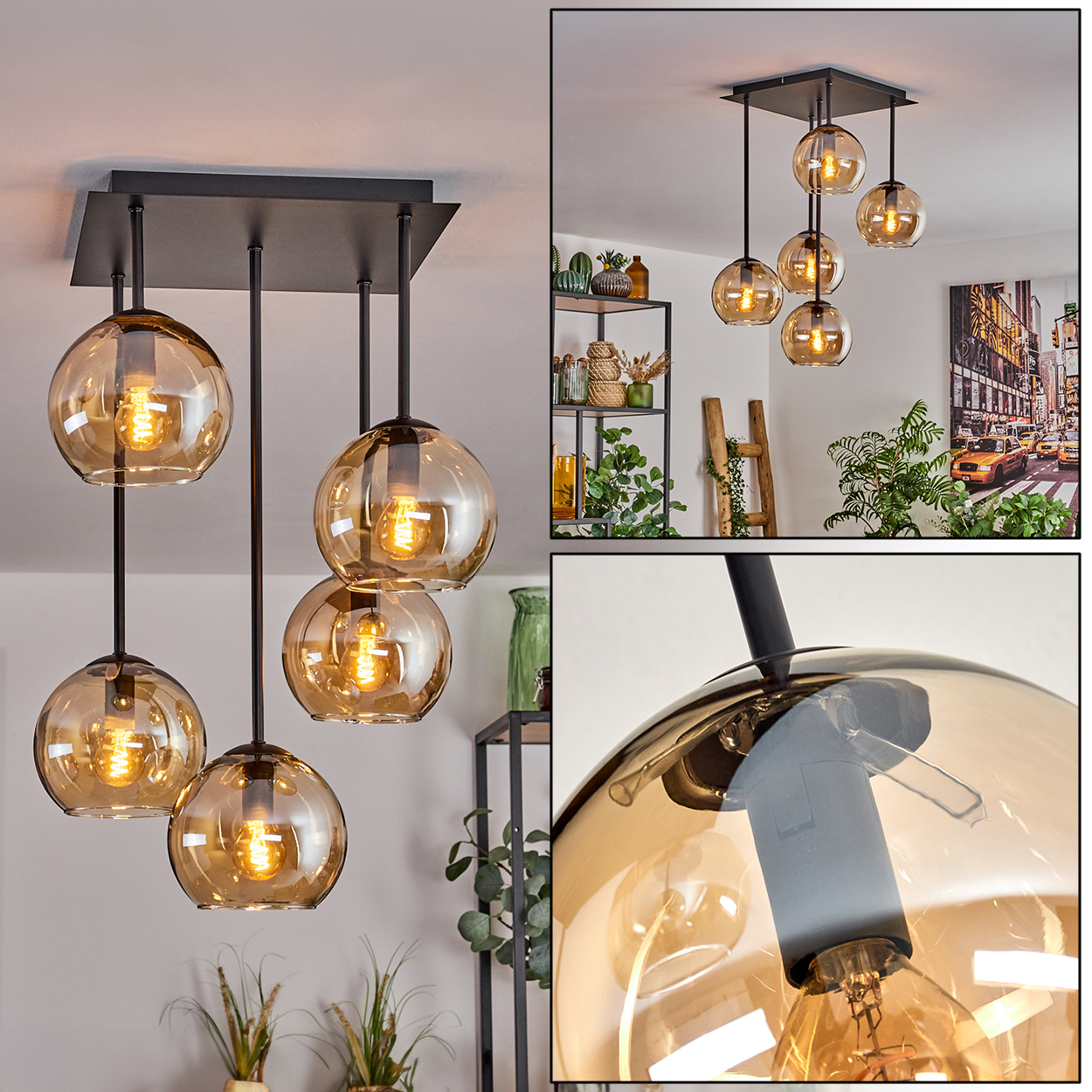 Mehrere Ansichten einer Deckenlampe mit bernsteinfarbenen Glaskugeln. Schwarzer Rahmen. Innenraum mit Deko.