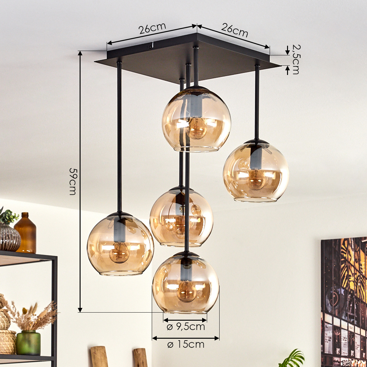 Deckenlampe mit fünf bernsteinfarbenen Glaskugelleuchten, Maße: 26x26cm, 59cm Höhe, Kugel Ø15cm, 9,5cm.