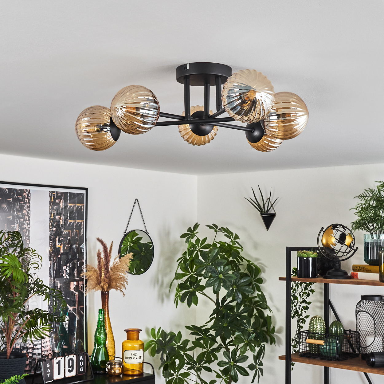 Deckenlampe mit sechs bernsteinfarbenen Glaskugeln; die Leuchte befindet sich in einem Raum mit Pflanzen und Deko.