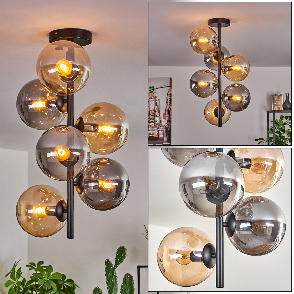 Zwei Lampen. Eine hat 8 Kugeln, die andere 6. Bernstein- und graue Glaskugeln, schwarze Halterungen, weiße Decke.